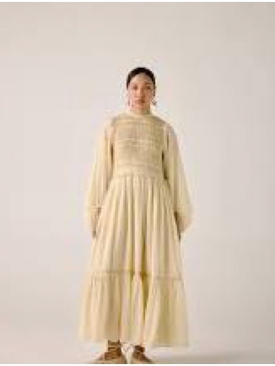 Vintage Dresses & Skirts - Vtg Cream Maxi Smock Dress with Tiered Skirt - Women's